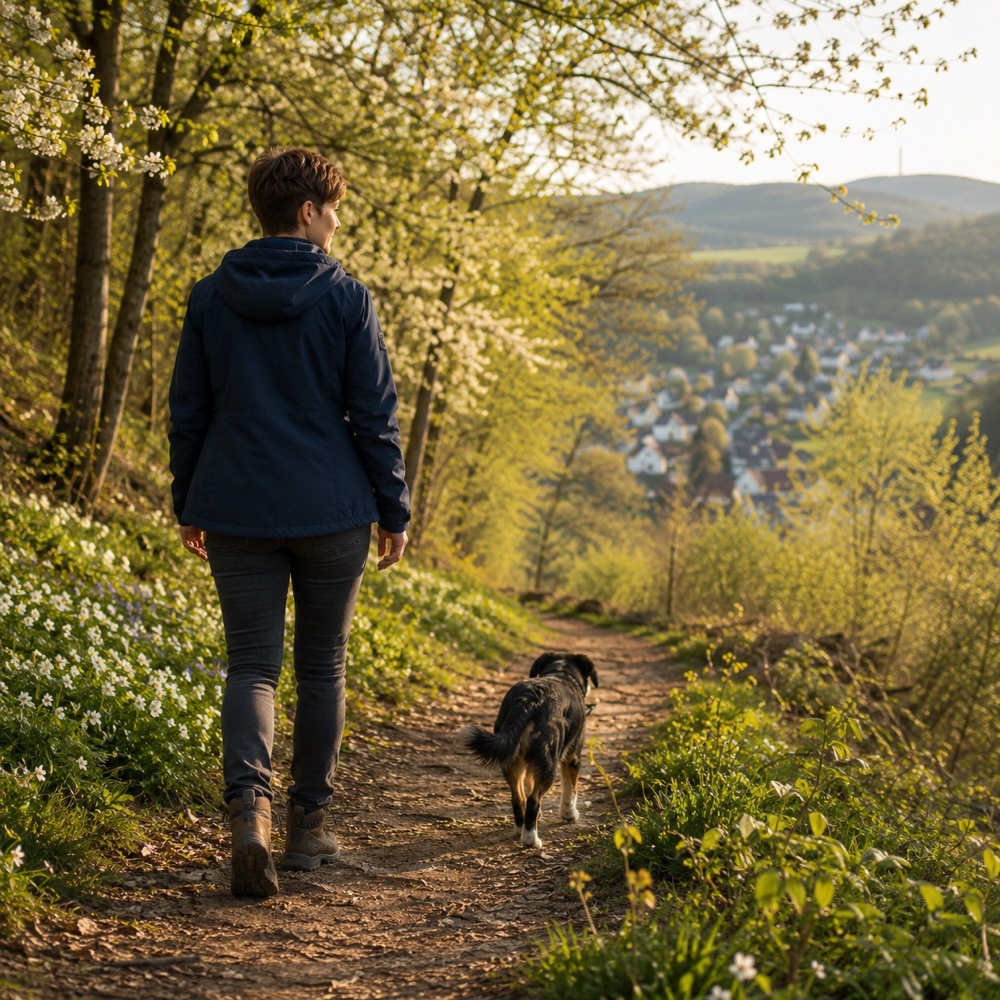 Fee und Ronja spazieren mit Blick aufs Dorf