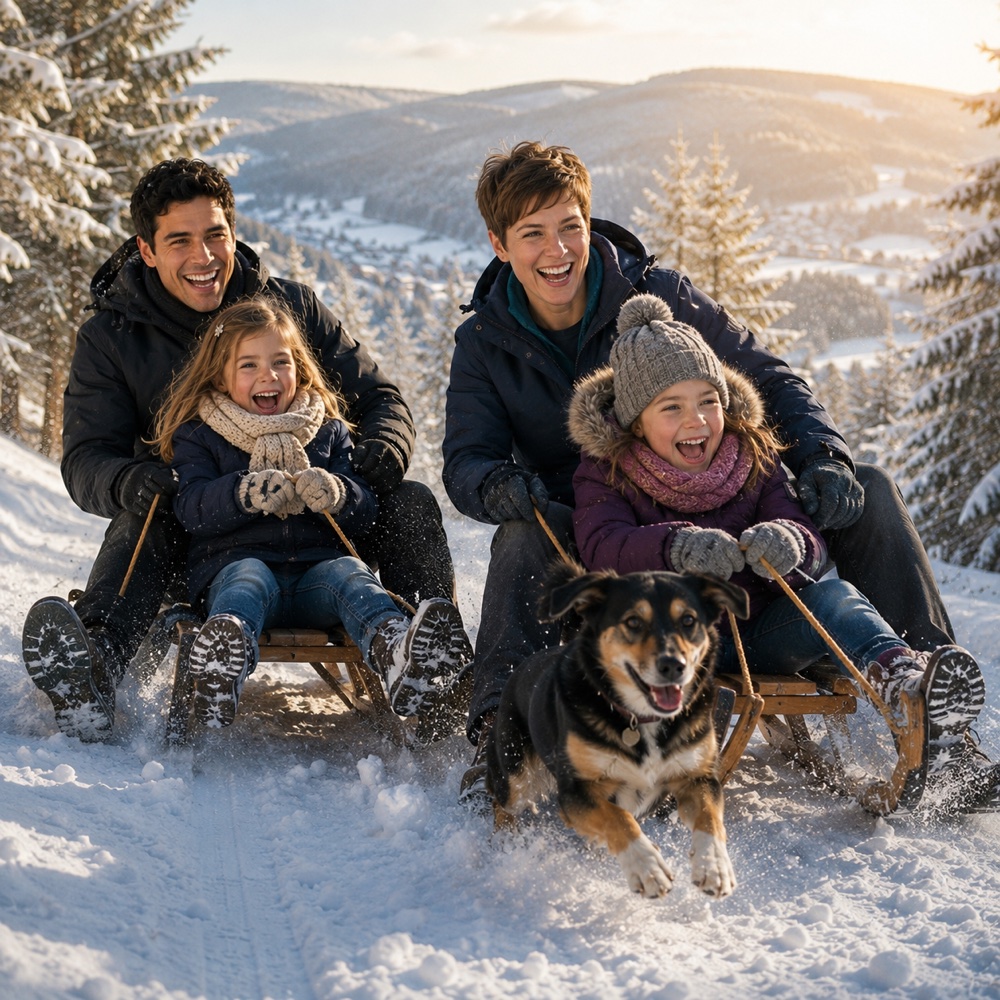 Fee, Tom, die Kinder und Ronja beim Schlittenfahren