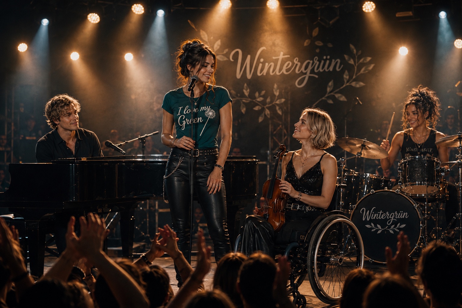 Wintergrün: Jasmin, Frieda und Anina gemeinsam auf der Bühne im warmen Bühnenlicht