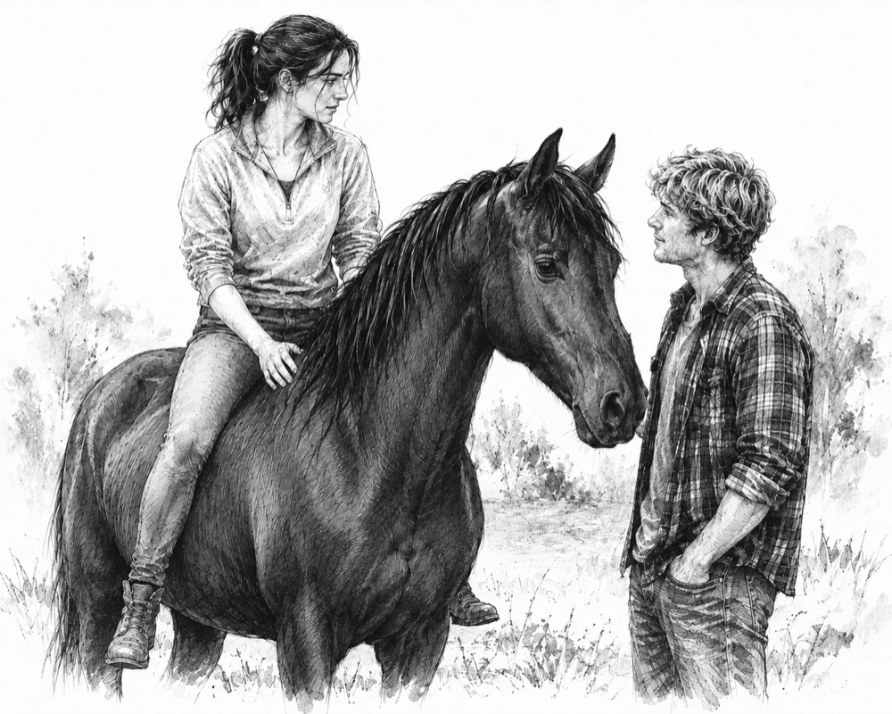 Illustration aus der Sonderedition: Vera auf Duke, Henning steht neben ihnen