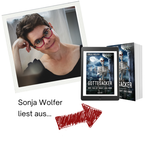 Porträt Foto Sonja Wolfer und Buchcover von Gottesacker - Der Tod ist nicht das Ende